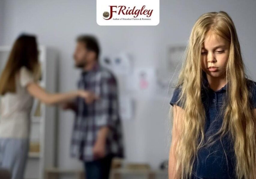 Sad girl with arguing parents in background.