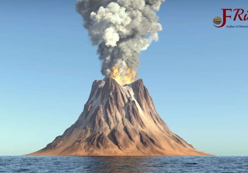 Erupting volcano with smoke and lava.