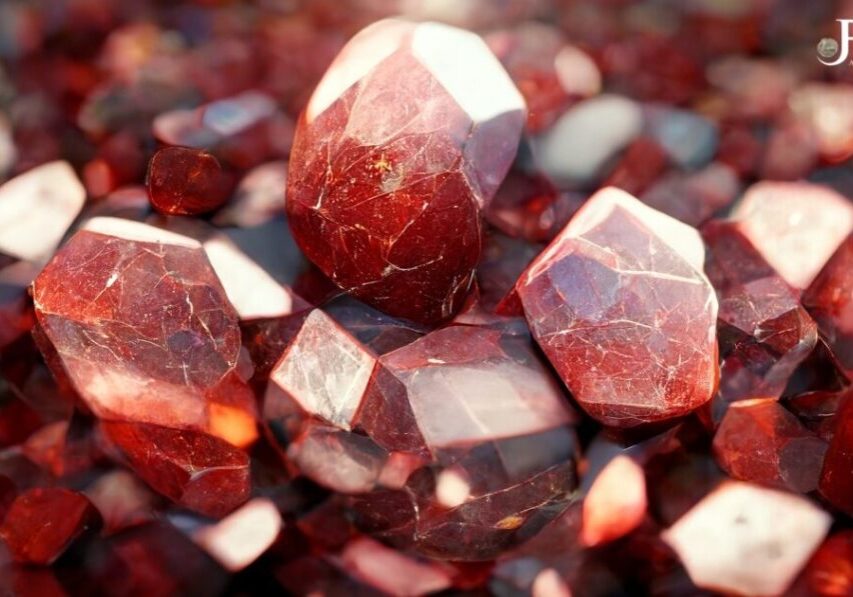 Red gemstones with faceted surfaces.