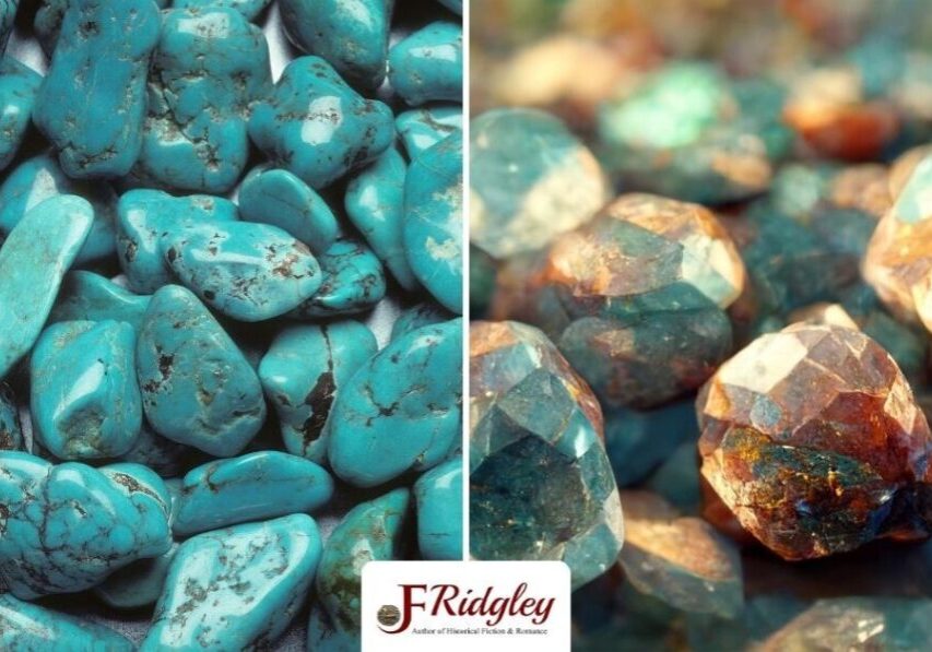 Turquoise stones and faceted gemstones close-up.